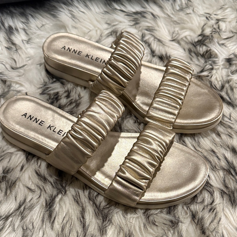 Anne Klein Gold Ruched Strap Sandals